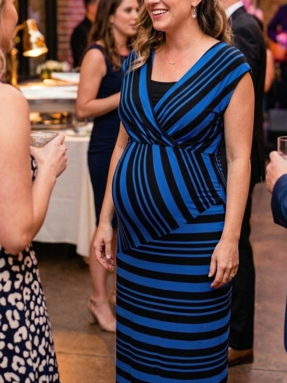 Motherhood Maternity Blue And Black Striped Wrap Maxi Dress Size Medium